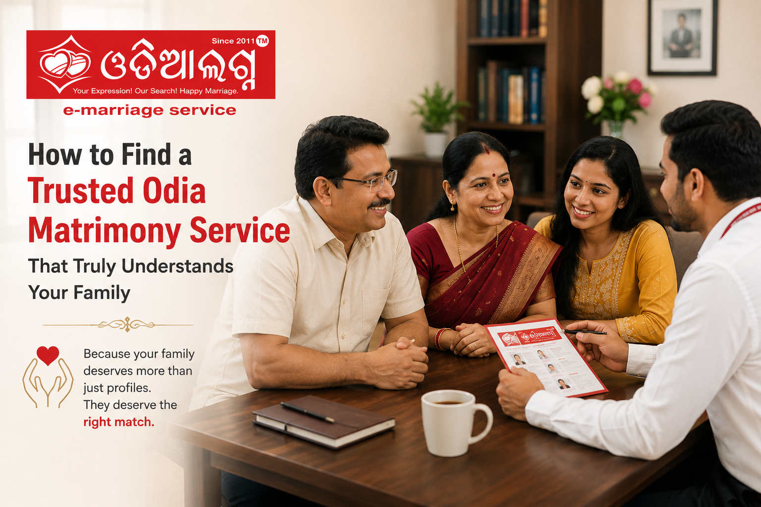 Family discussing marriage proposals with a trusted Odia matrimony consultant at E Marriage Service in Odisha.